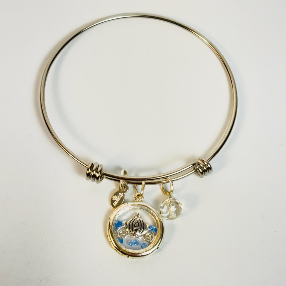 Disney Bangle Bracelet Silver Cinderella Pumpkin Carriage Floating Locket Charm